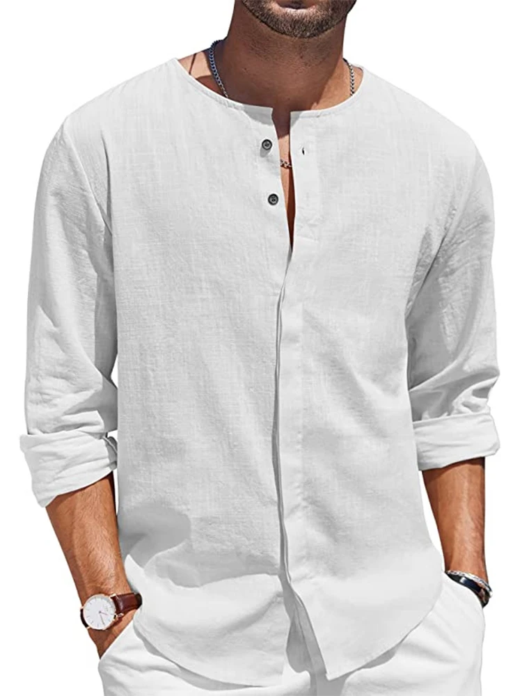 

Summer Button O-neck Beach Tees Tops Casual Loose Solid Cotton Linen t Shirts Streetwear Long Sleeve Cardigan Men's Clothing