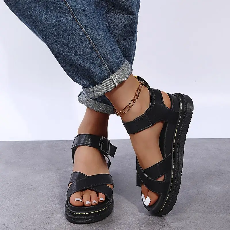 

Summer New Women's Solid Color Platform Roman Buckle Flat Sandals Beach Shoes