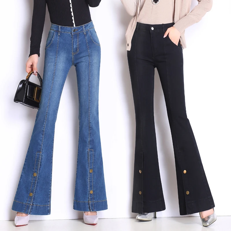 

Брюки-клеш Женские с разрезом, джинсы с завышенной талией, тонкие ковбойские расклешенные джинсы с разрезом, повседневные штаны для мам, осень