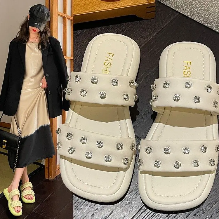 

Rhinestone Thick-soled Sandals and Slippers Summer New Soft-soled Casual All-match Outer Wear One-word slippers