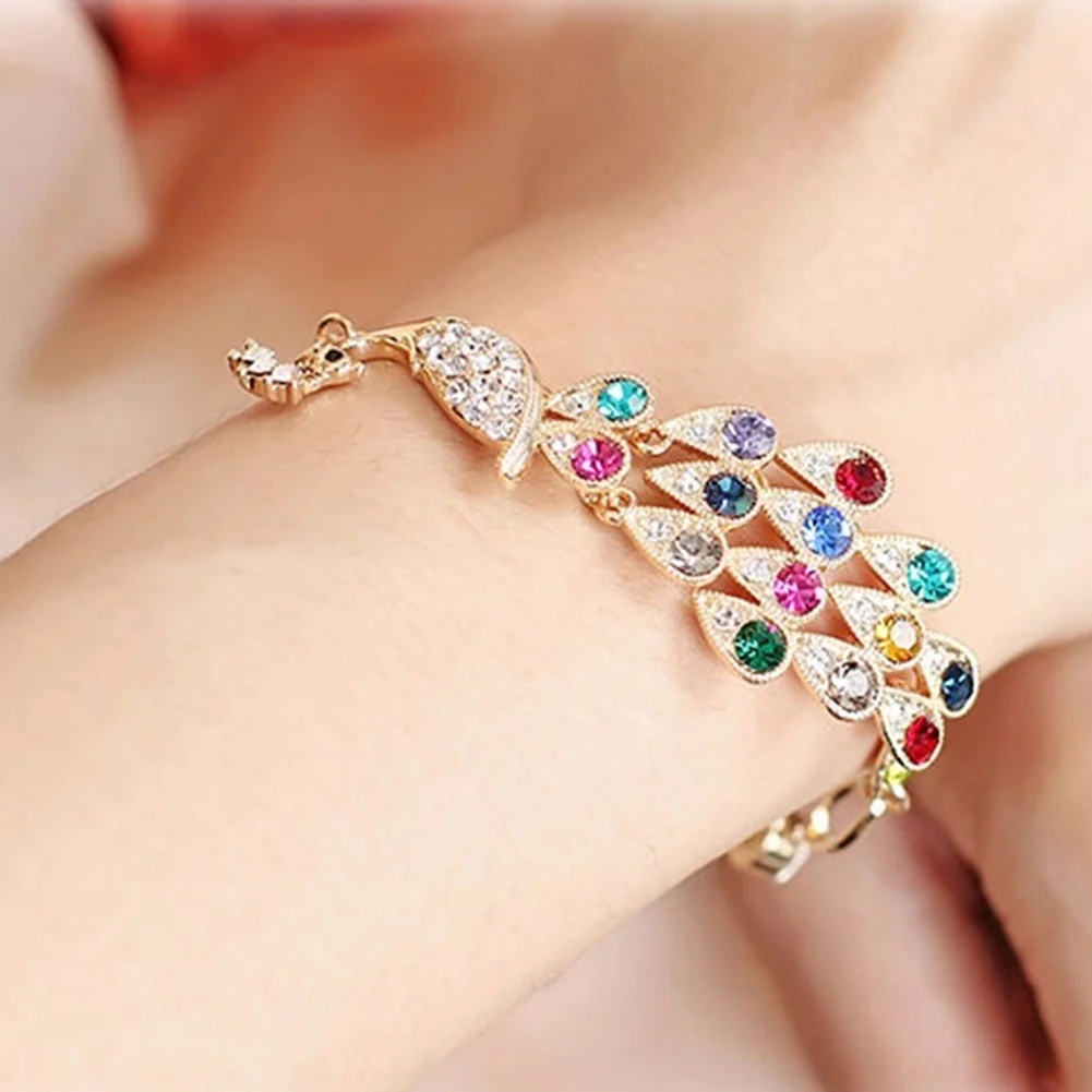 

New arrivial Luxury Women Korean Rose Golden Colorful Crystal Rhinestone Peacock Bangles Bracelet For women Gifts