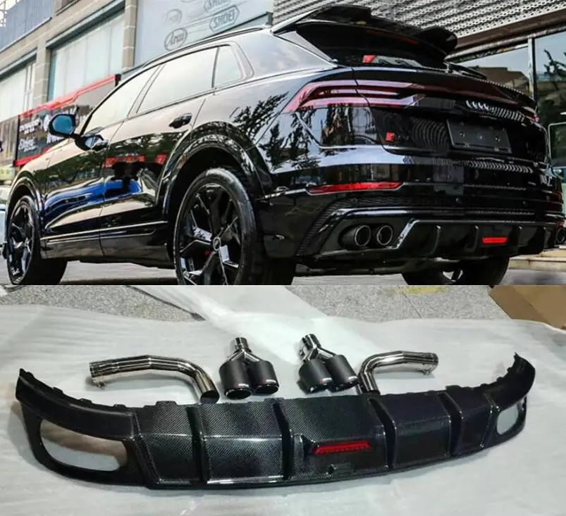 

For Audi Q8 SQ8 RSQ8 2018 2019 2020 2021 2022 2023 Rear Bumper Diffuser & Exhaust Tips Trunk Door Lip Spoiler Real Carbon Fiber