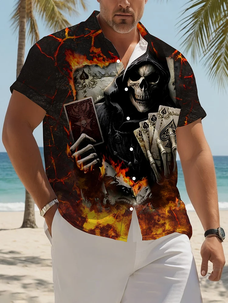 Мужская летняя рубашка с принтом в виде черепа игральных карт коротким рукавом