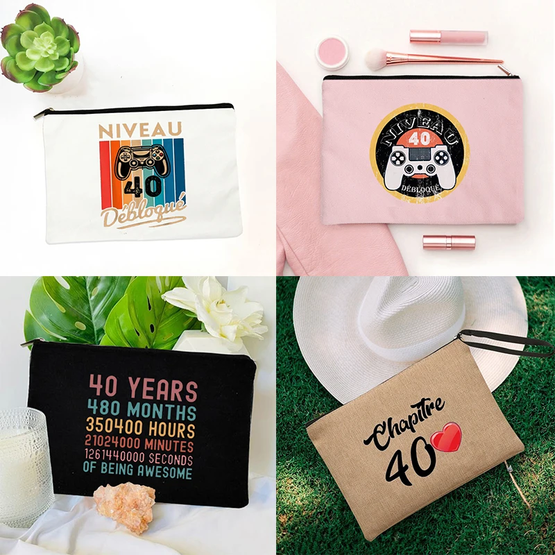 Level 40 Unlocked Cosmetic Bag Bags Funny Video Gamer 40th Birthday Gift Women Canvas Casual Makeup Pouch Illustration Organize
