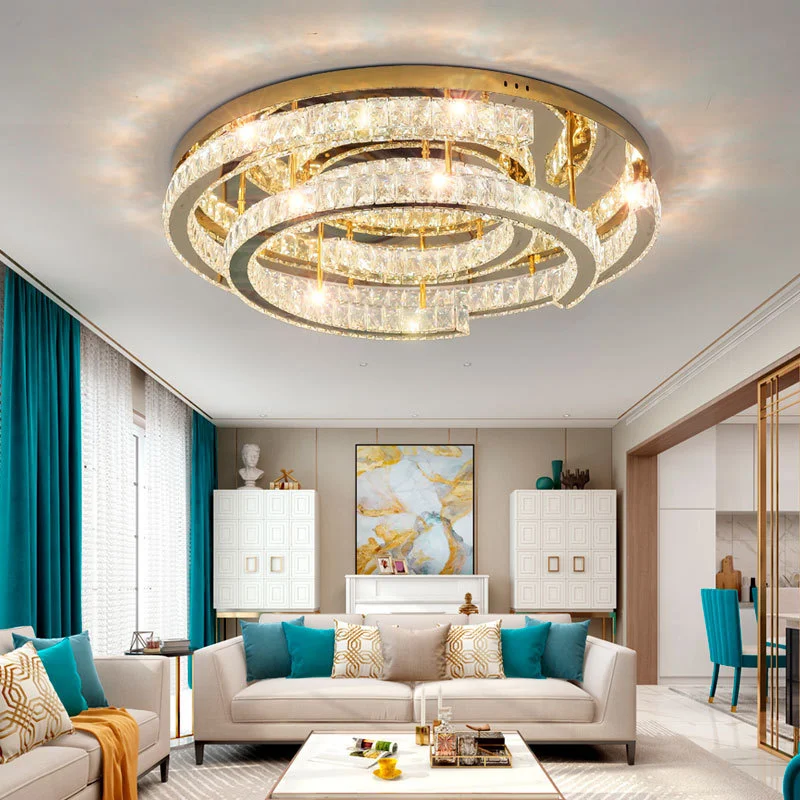 

Простой современный потолочный светодиодный светильник для гостиной, круглая роскошная хрустальная лампа из нержавеющей стали для домашн...