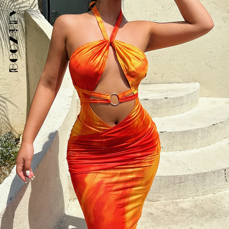 

BoozRey Sexy Halter Neck Tube Top Print Dress 2022 Summer Women's Beach Holiday Hollow Midi Dresses for Women Y2k Dress