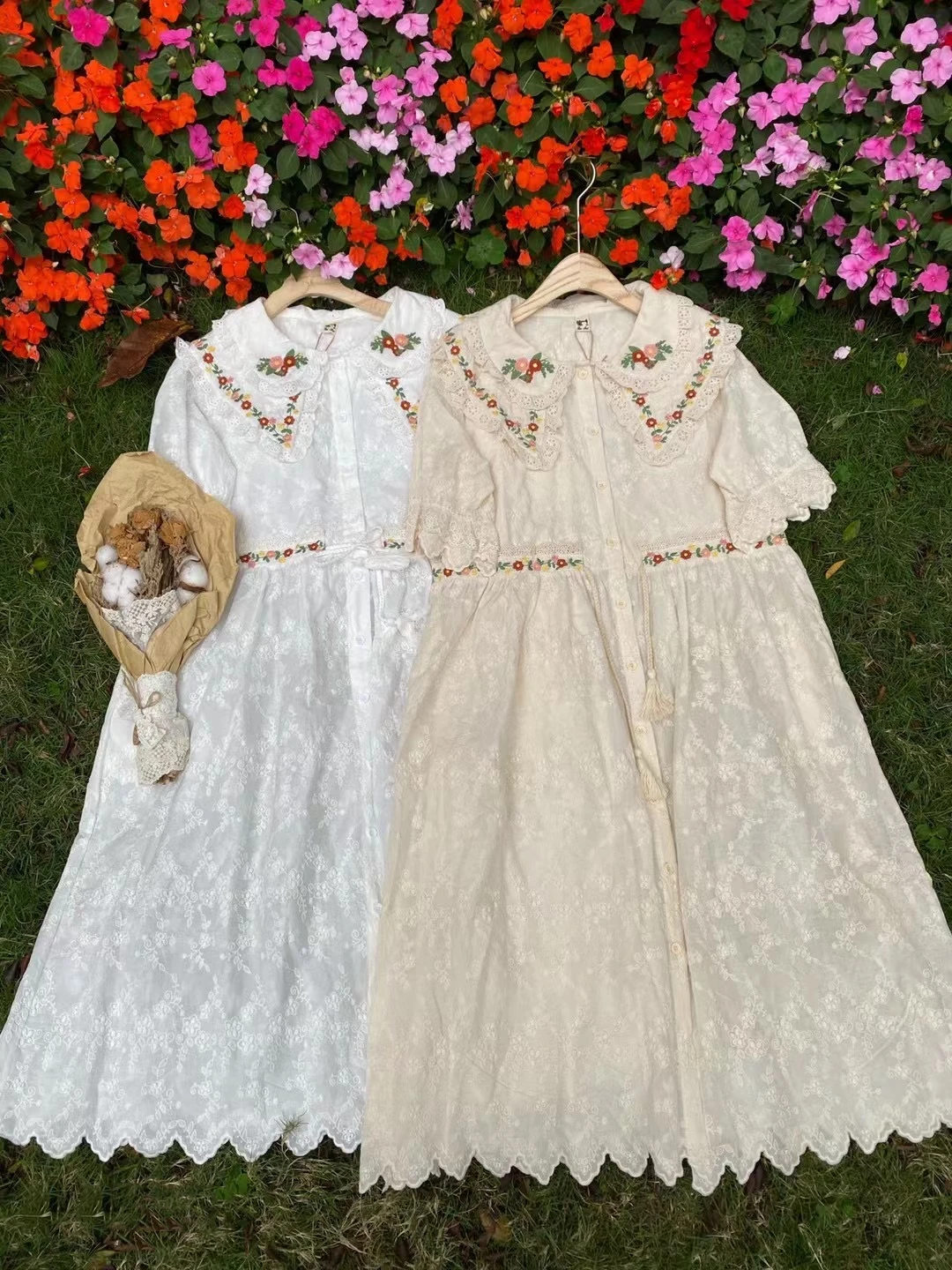 

Mori Girl Sweet Embroidery Dress Peter Pan Collar Short-sleeve Loose Solid Summer Cotton Dresses Age Reduction All-match