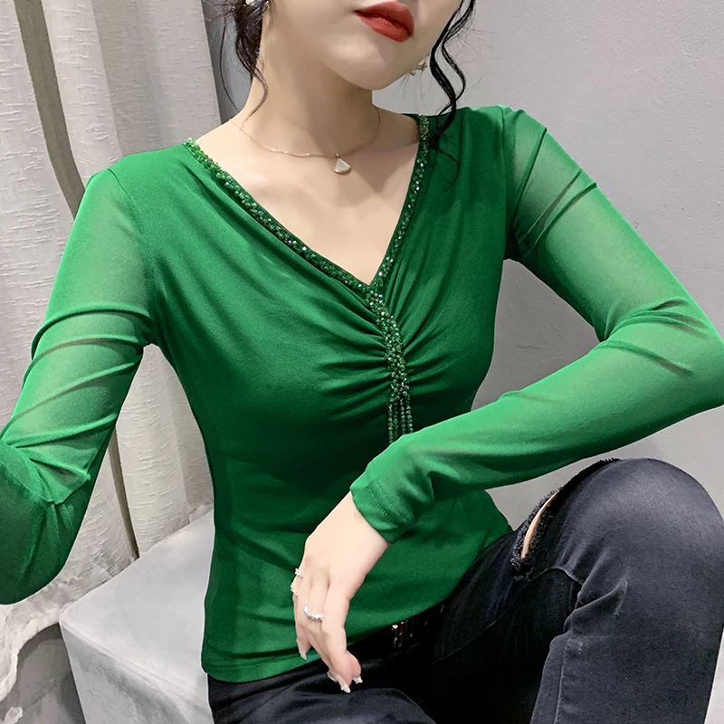 

New Korean Fashion Casual Mesh See-through Splicing Hot Fix Woman Tshirts Women Sexy Tops Female Ladies Slim Clothes BPyp9301