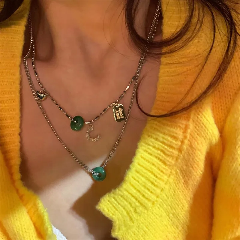

Ожерелье с подвеской с безопасной пряжкой для женщин ожерелье с двухслойным зеленым камнем гранж сказочное эстетическое ювелирное изделие