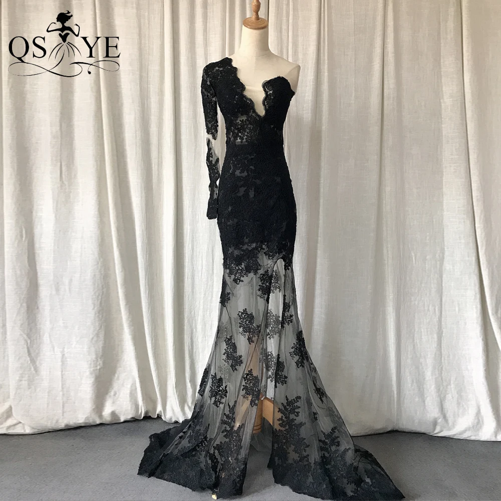 

Illusion Black Lace Evening Dress Appliques One Shoulder Long Sleeves Prom Gown Sexy Split Zipper Transparent Formal Party Gown