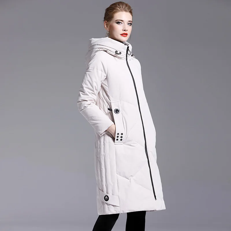 New Winter White Duck Down Jacket Women Mid-length Straight Hooded Thick Coat Warm Outwear