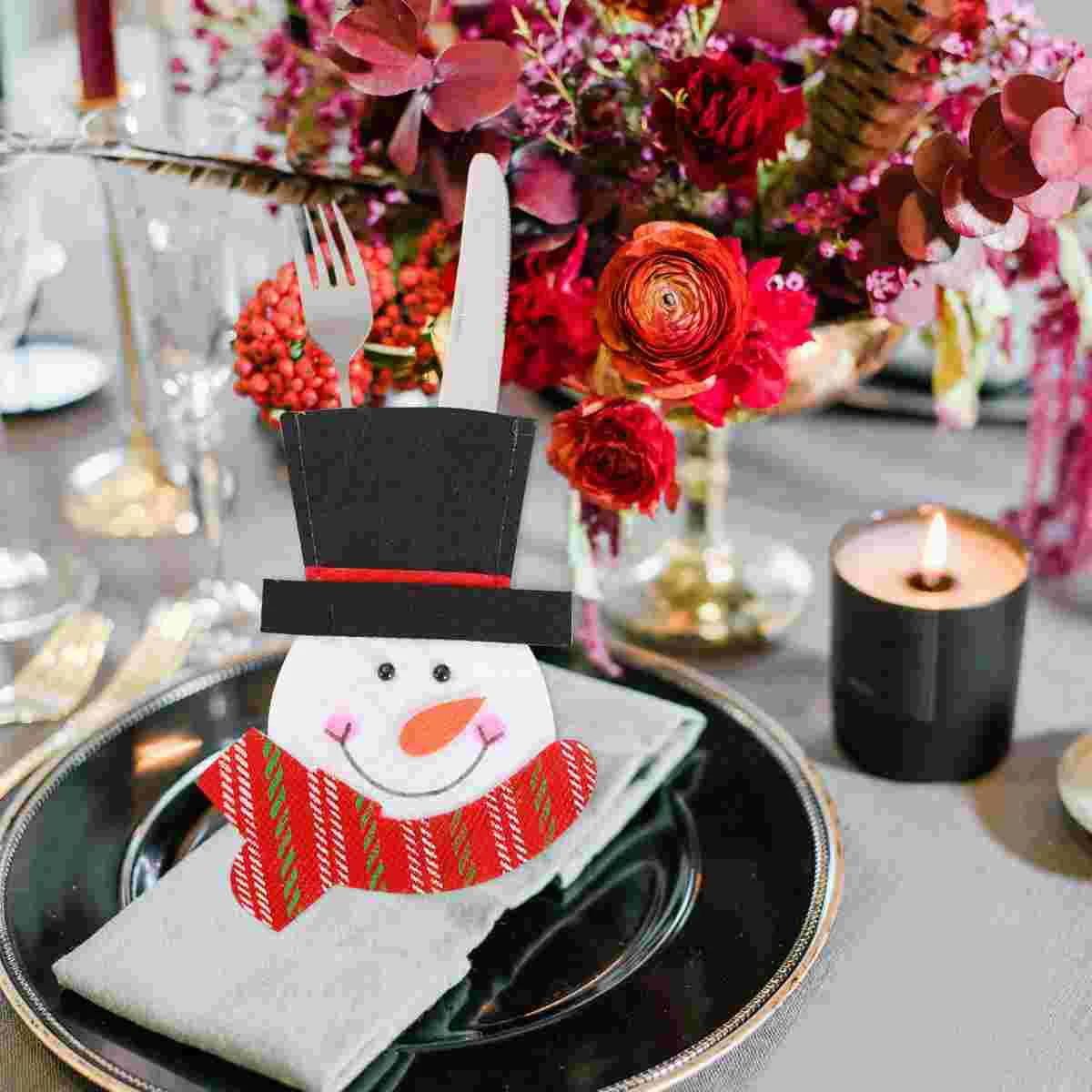 

2pcs Christmas Tableware Christmas Decor Accessory Jute Flatware Pocket Snowman Tableware Holder