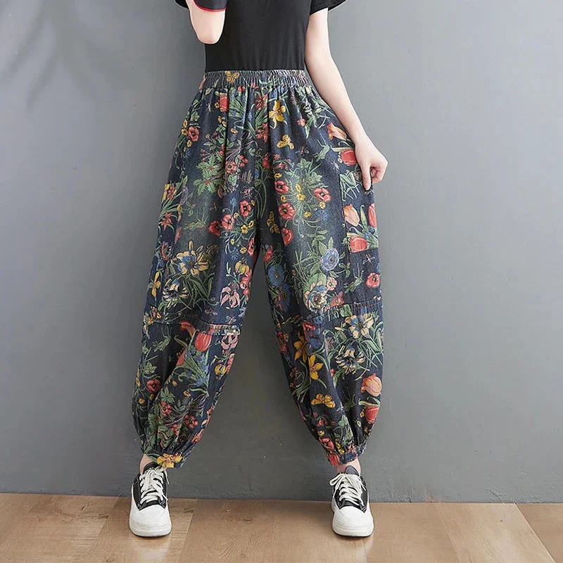 

Женские свободные джинсы до щиколотки, хлопковые брюки-шаровары с винтажным принтом и боковым карманом, с эластичным поясом, в декоративном стиле, весна V918