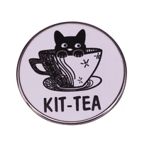 christmas gift black cat in teacup jewelry pin fashionable creative cartoon brooch lovely enamel badge clothing accessories