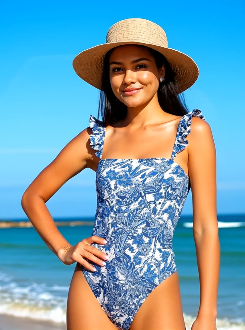 Фото Fashion Beach Swimwear 2025 Summer Sexy Beach Dress Two Piece Swimsuit Women Blue Dragonfly Print Bikini Tummy Control Swimsuit №1