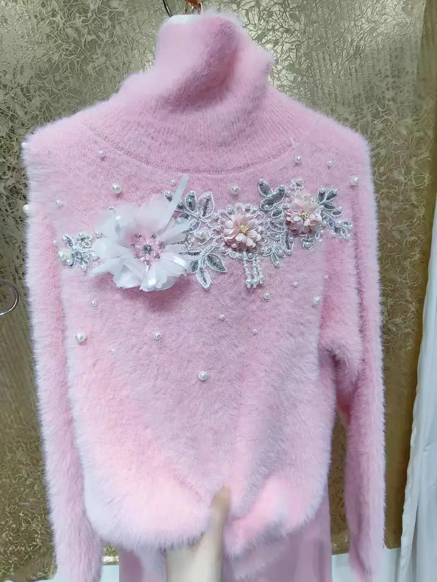 Новый свитер с жемчугом и бисером кисточками цветами толстым искусственным