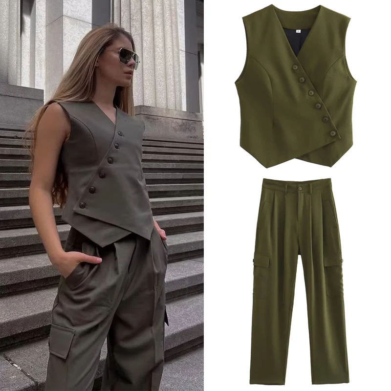 

SLTNX Fashion 2023 Pant Sets for Women 2 Pieces Women's Vest + Women's Cargo Pants Chic and Elegant Ladies New Trouser Sets