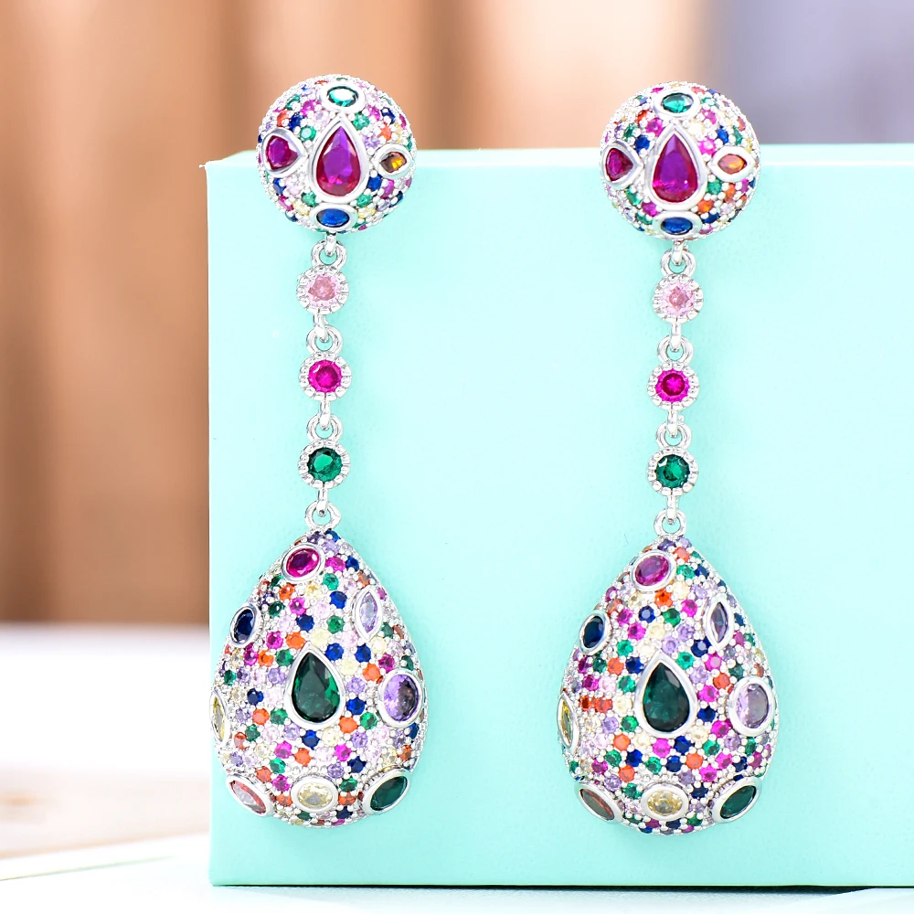 

Kellybola Luxury Multicolor Crystal Long Drop Earrings High Quality Cubic Zirconia European Wedding Party Show Best Gift Jewelry