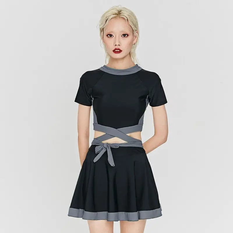 

Купальник женский консервативный с разрезом и коротким рукавом, купальный костюм в стиле преппи, одежда для отдыха, Корейская юбка