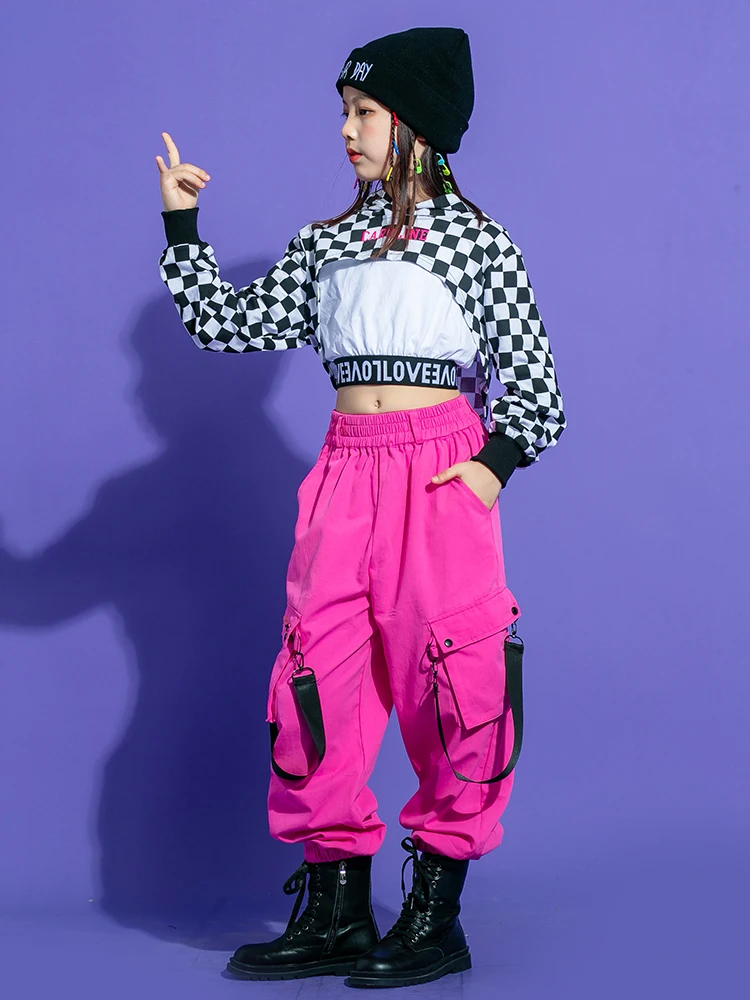 2021 New Jazz Dance Costumes Plaid Crop Tops Pink Hiphop Pants Street Outfits Ballroom Hip Hop Rave Clothes 110-180 |