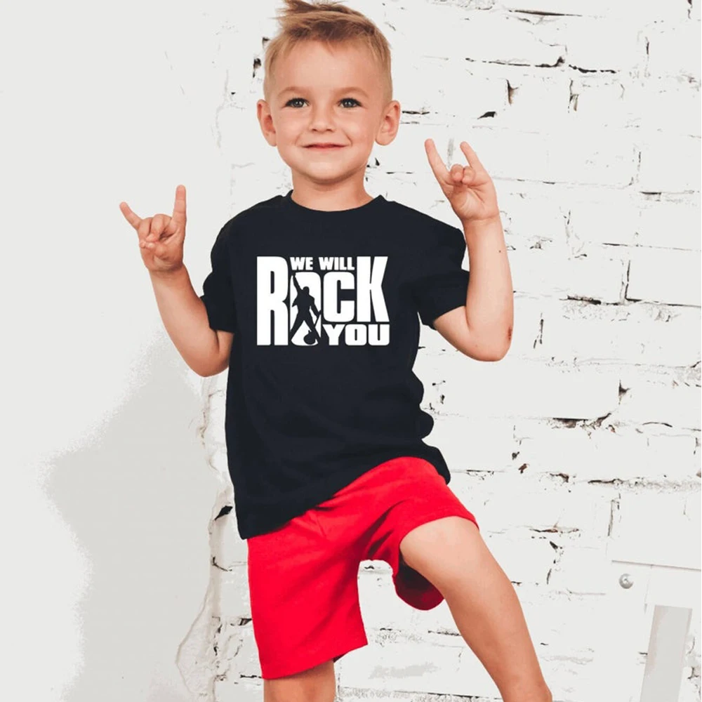 We Will Rock You Queen Print T shirt Kids Summer White Tops Children Fashion Casual T-shirt Rock Anthem Childrens Tshirt
