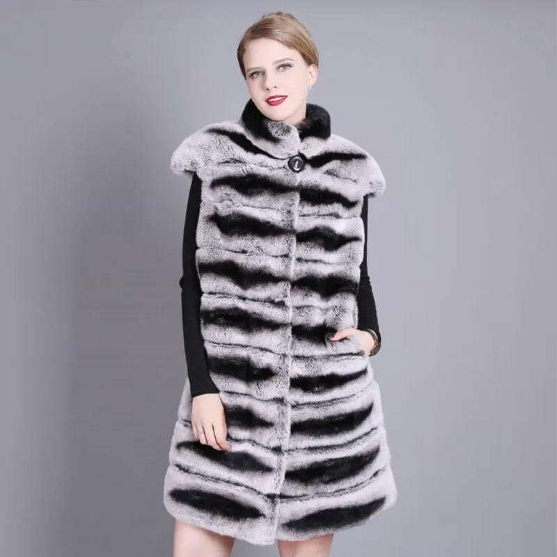 90CM Women Real Rex Rabbit Fur Vest Stand Collar Natural Chinchilla Color Rabbit Fur Waistcoat Sleeveless Jacket