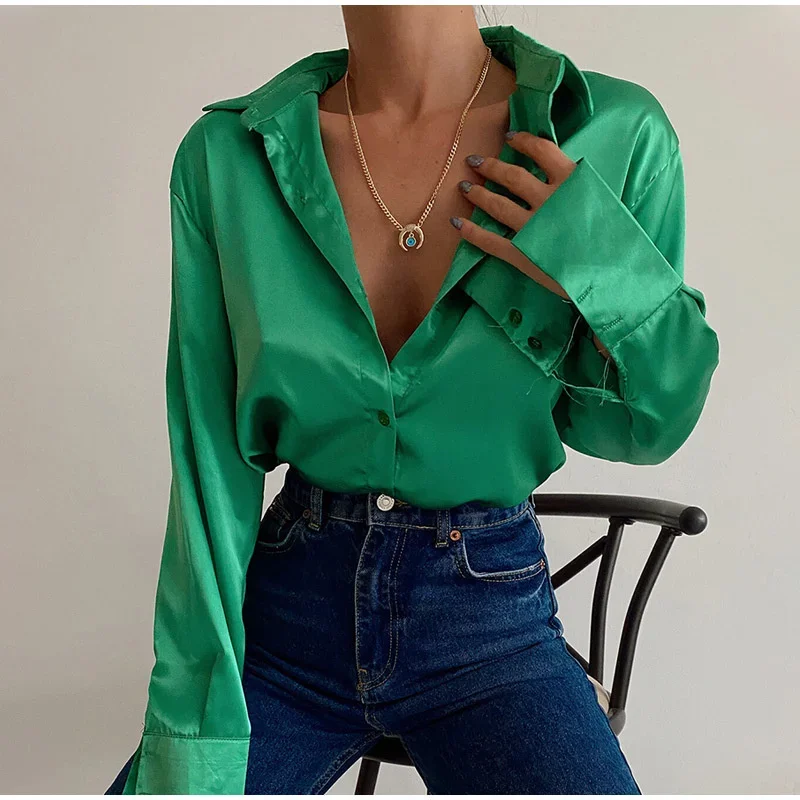 

Solid Color Satin Single-breasted Cardigan Shirt Women Loose Long Sleeve Blouse English Style Female Office Commuter Daily Tops