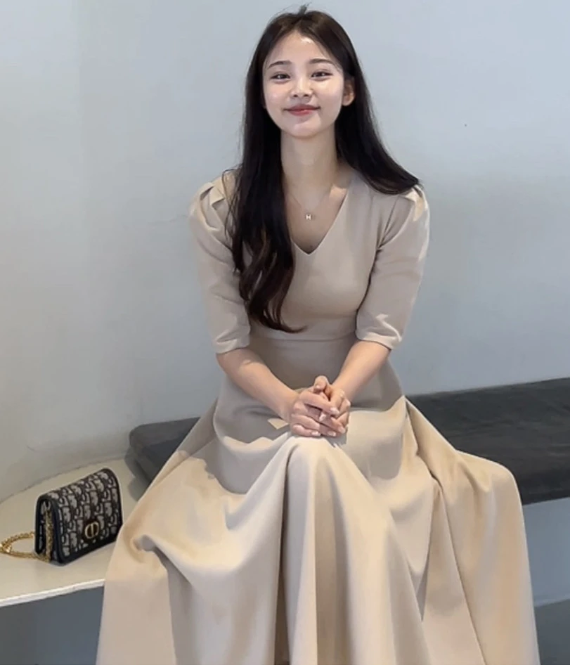 

Korean Premium French Vintage V-neck Versatile Slim A-line Skirt Short Sleeve Summer Dress Women