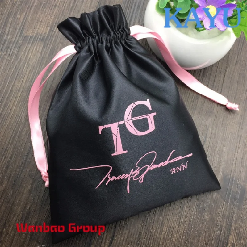 Custom Luxury Black Thick Silk Satin Drawstring nag Bundle Dust Hair Extension Bag with Logo Printing satin bag