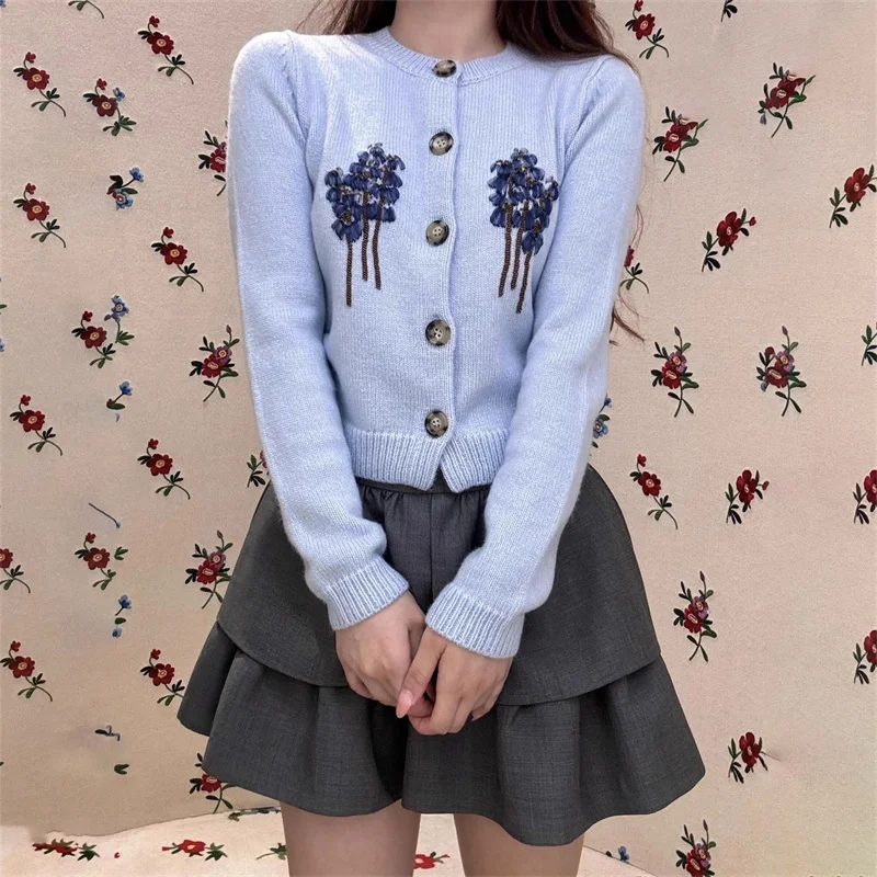 Кардиган женский осень 2024 новая верхняя одежда с цветочной вышивкой топ длинными