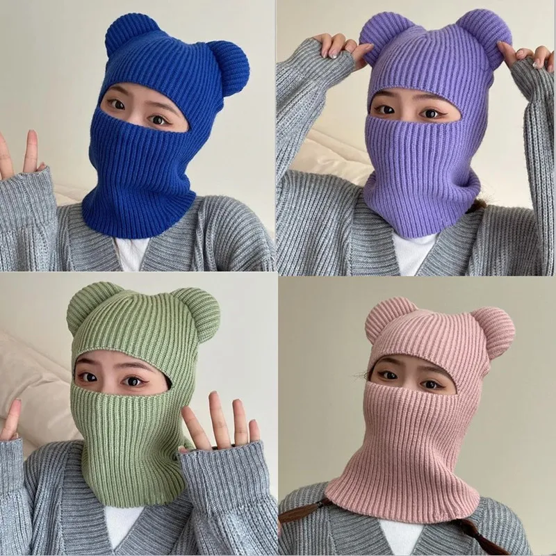 

Autumn and Winter Little Bear Ear Neck One Piece Hat Women's Pullover Knitted Windproof Head Cover Riding Ear Protection Hat