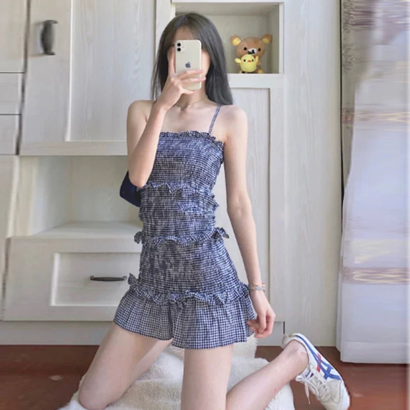 

Retro Small Black Slip Dress Summer Plaid Niche Can Sweet Can Salty Fish Tail Dress 2022