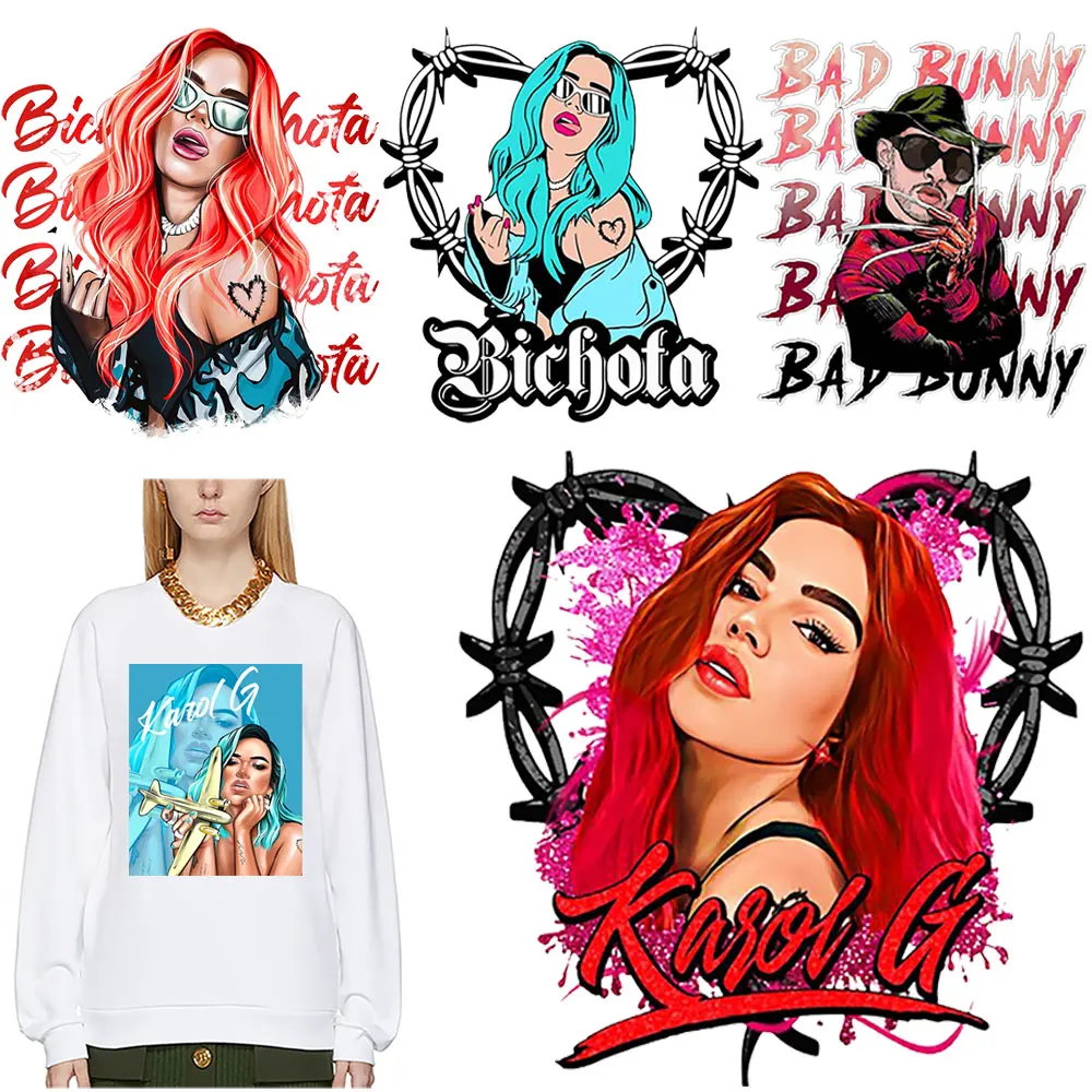 

Модные нашивки, термонаклейки на одежду, «сделай сам», Karol G, красные волосы, тепловые нашивки для женщин, детей, аппликации для футболок, моющ...