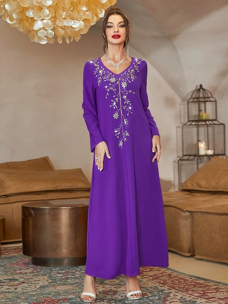 Moroccan Jalabiya Hand Sew Rhinestones Beaded V Neck Full Sleeve Long Dresses for Women Chic and Elegant Gulf Abayas