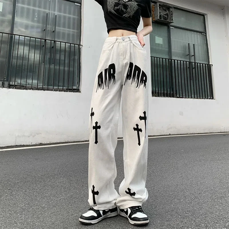 Autumn Winter New Print Jeans Boy Girl Loose Straight Wide Leg Pants Streetwear Trend White Simple Trousers Slouchy Jeans Unisex