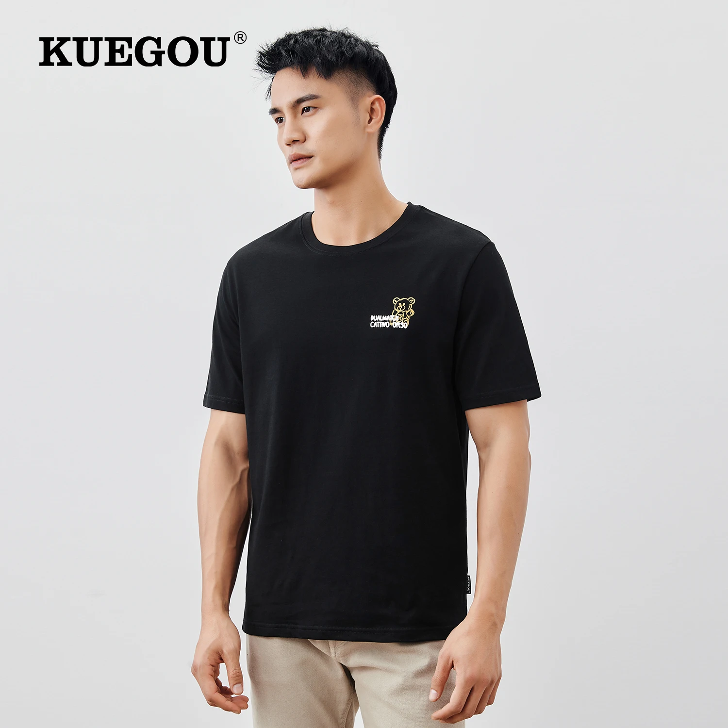 

KUEGOU 2023 Summer New Man T-shirt Short Sleeve 100% Cotton O-neck Paisley Pattern Print Bear Breathable White Plus Size 55006