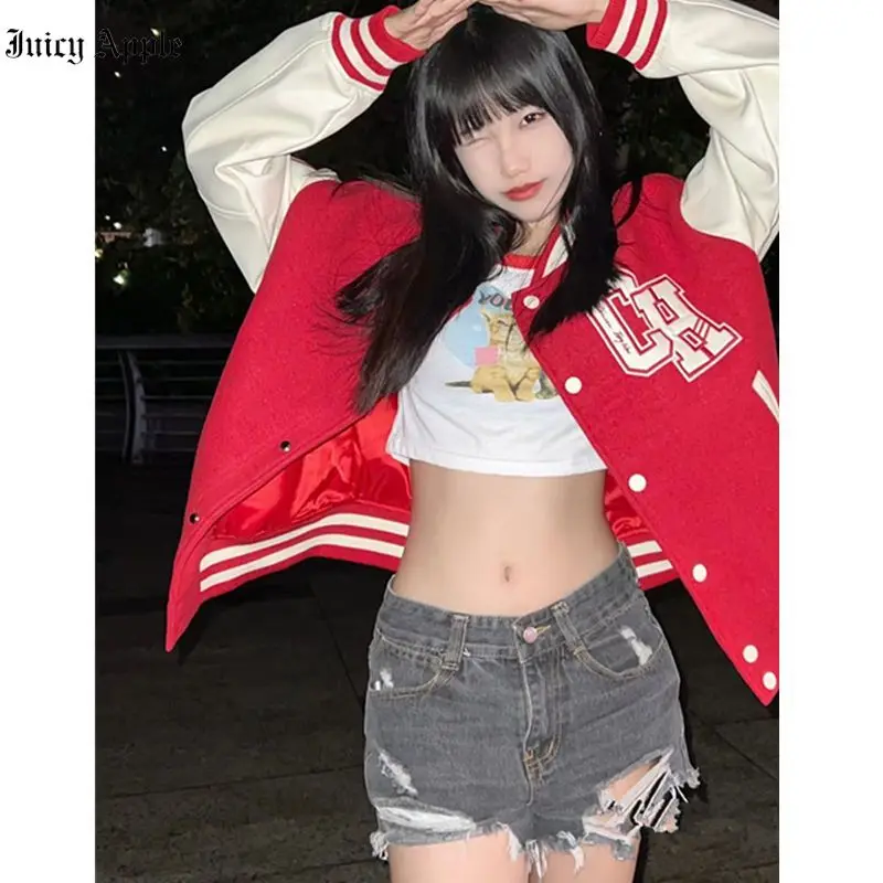 

Juciy Apple Bomber Woman Varsity Jacket Vintage Red Long Sleeve University Teenage Baseball Jacket American Female Coat Winter