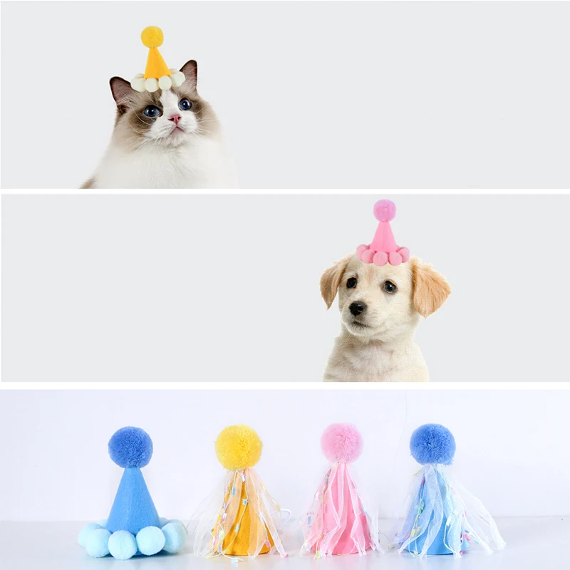 

Cats Dogs Birthday Party Hat Macaron Colors Hairball Tassel with Adjustable Rope Hat Mascot Cat Accesories Pet Products