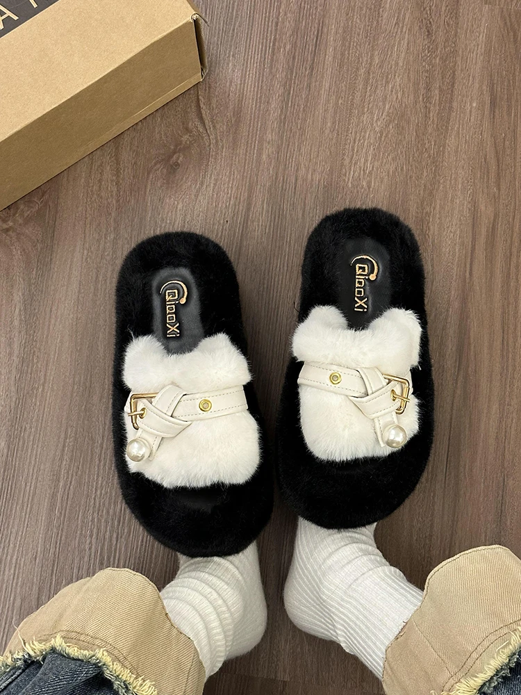 

Shoes Women Slippers Flat Med Slides Platform Fur Flip Flops Pantofle Shallow Soft Plush 2023 Rubber with fur Basic Short