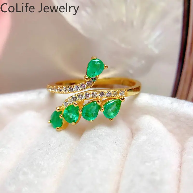 

Design Style Natural Emerald Ring for Party 3*4mm Total 0.5ct Colombia Emerald Silver Ring with 3 Layers 18K Gold Plating