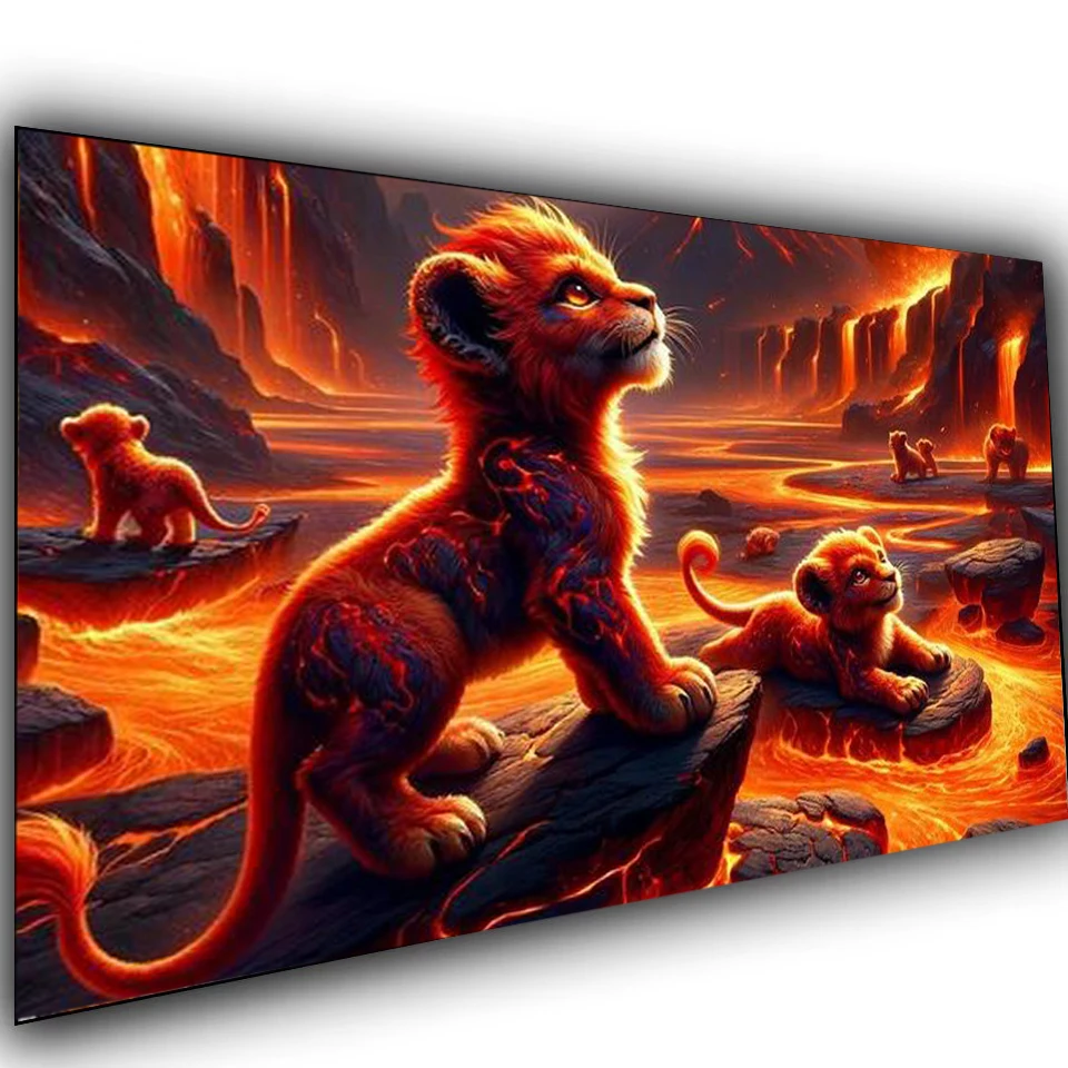 Мама лев с кубиком DIY 5D алмазная живопись Фэнтези вулканический пейзаж искусство