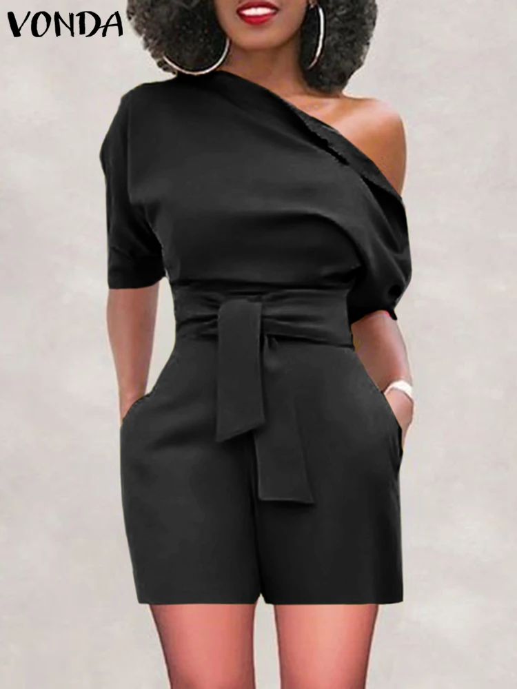 

2022 VONDA Elegant Women Jumpsuits Playsuits Summer Casual Short Pants Half Sleeve One Shoulder Sexy Pockets Belted Party Shorts
