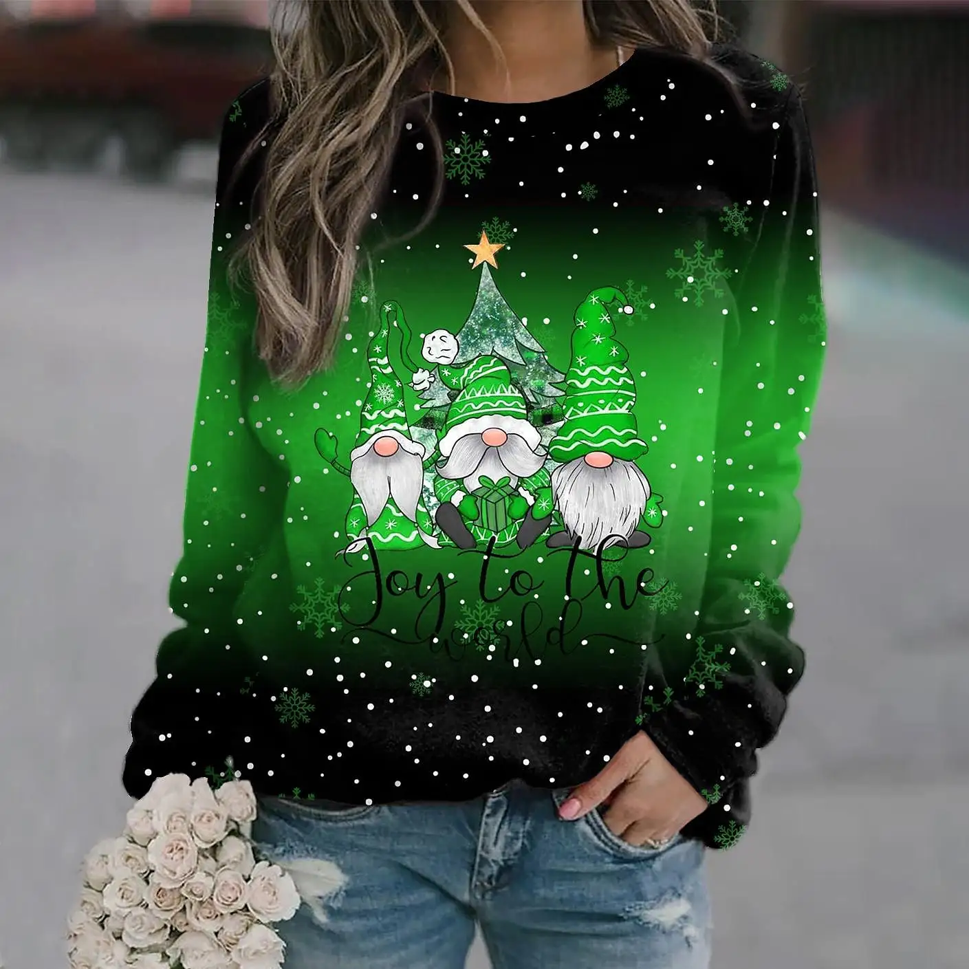 Women's 2022 Fashion Loose Long Sleeve Round Neck Top Vintage Elegant Pullover Christmas Print T-shirt XS-8XL images - 6
