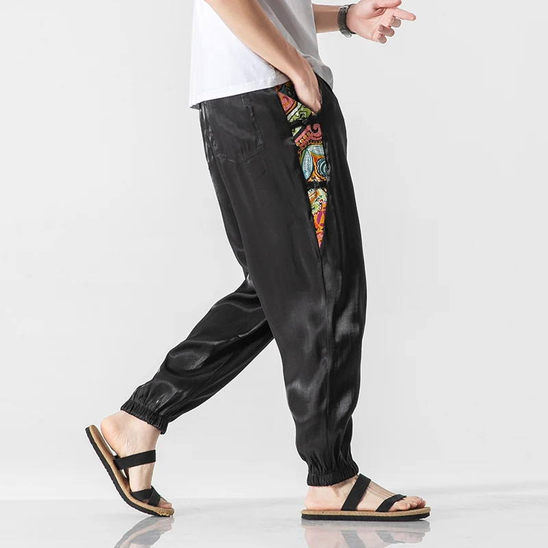 Mens Summer Japanese Ultra-Thin Ice Silk Harem Pants National Style Patchwork Joggers Chinese Style Plus Size Track Pants Men