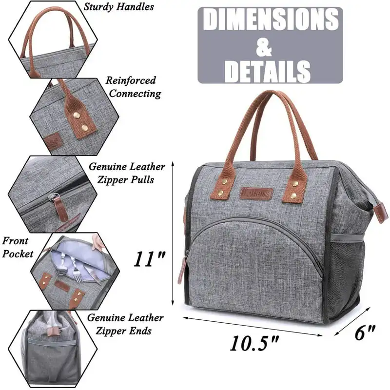 

High-Quality Long-Lasting Insulated Grey Thermal Nylon Lunch Tote Bag for Men Women, Adults with Wide-Open Snacks Box Holder, La