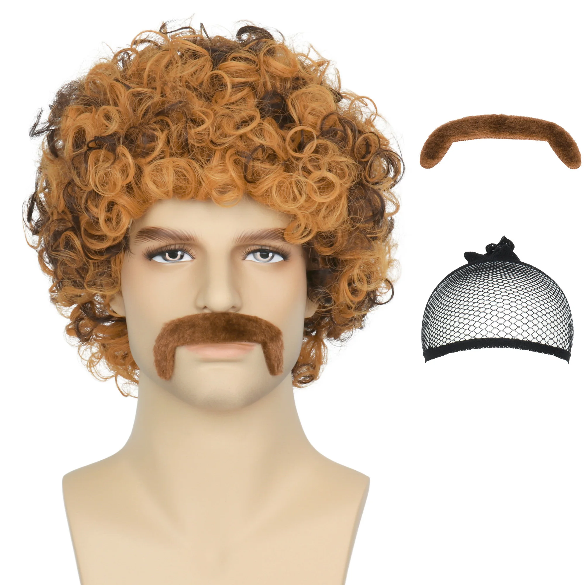 

Miss U Hair 70s Disco Wig Mens Disco Outfit Short Curly Dirty Blonde and Brown Afro Wigs with Mustache Glasses Set