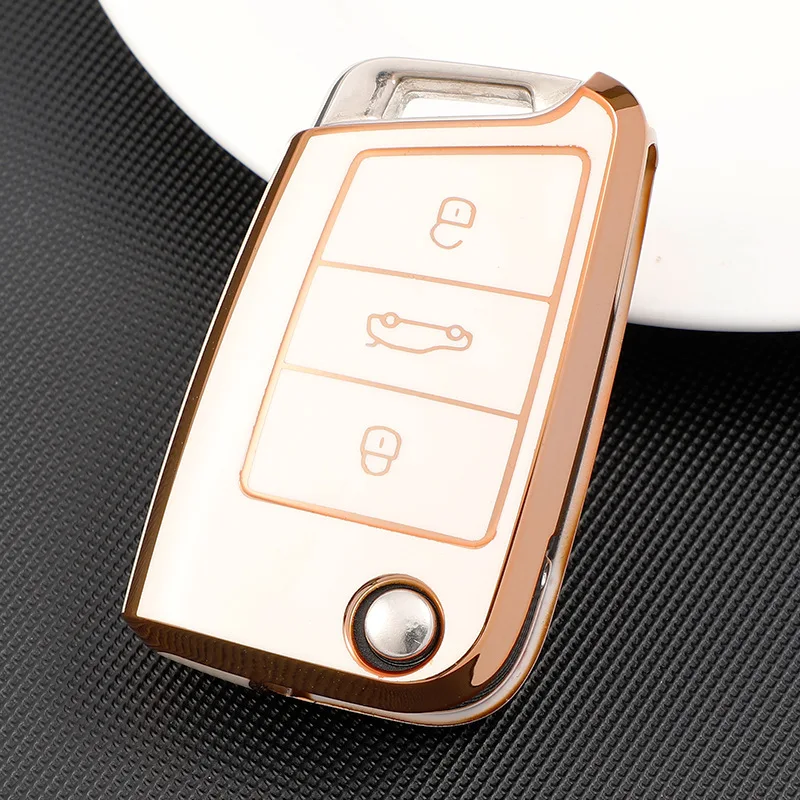 

New Electroplated TPU Car Key Cover For Volkswagen VW Golf 7 MK7 Tiguan MK2 For Skoda Octavia Kodiaq Karoq Ateca Key Cover Chain