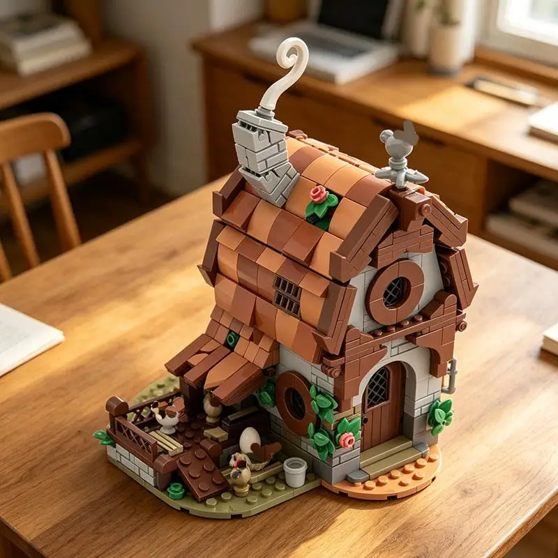 Фото Средневековый фермерский курятник MOC, деревенский домик, конструктор из мелких деталей, модель, игрушка, украшение, подарок, 518 деталей №1