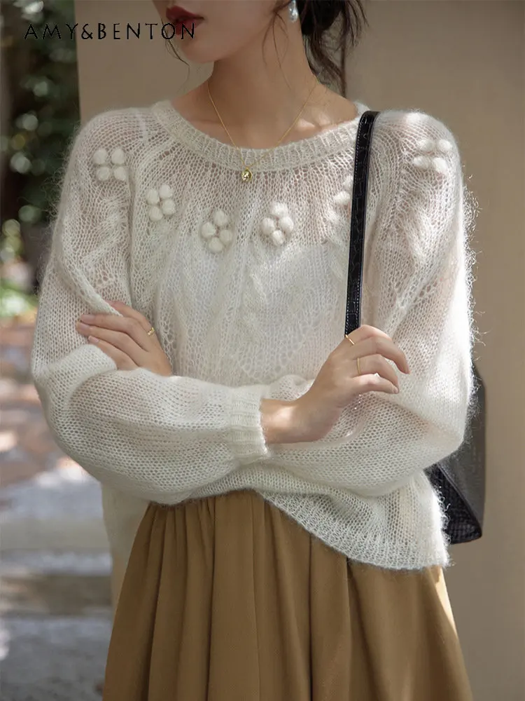 

Универсальный Мохеровый джемпер свободного покроя во французском стиле, женская трикотажная одежда, белые топы на осень и зиму, верхняя оде...