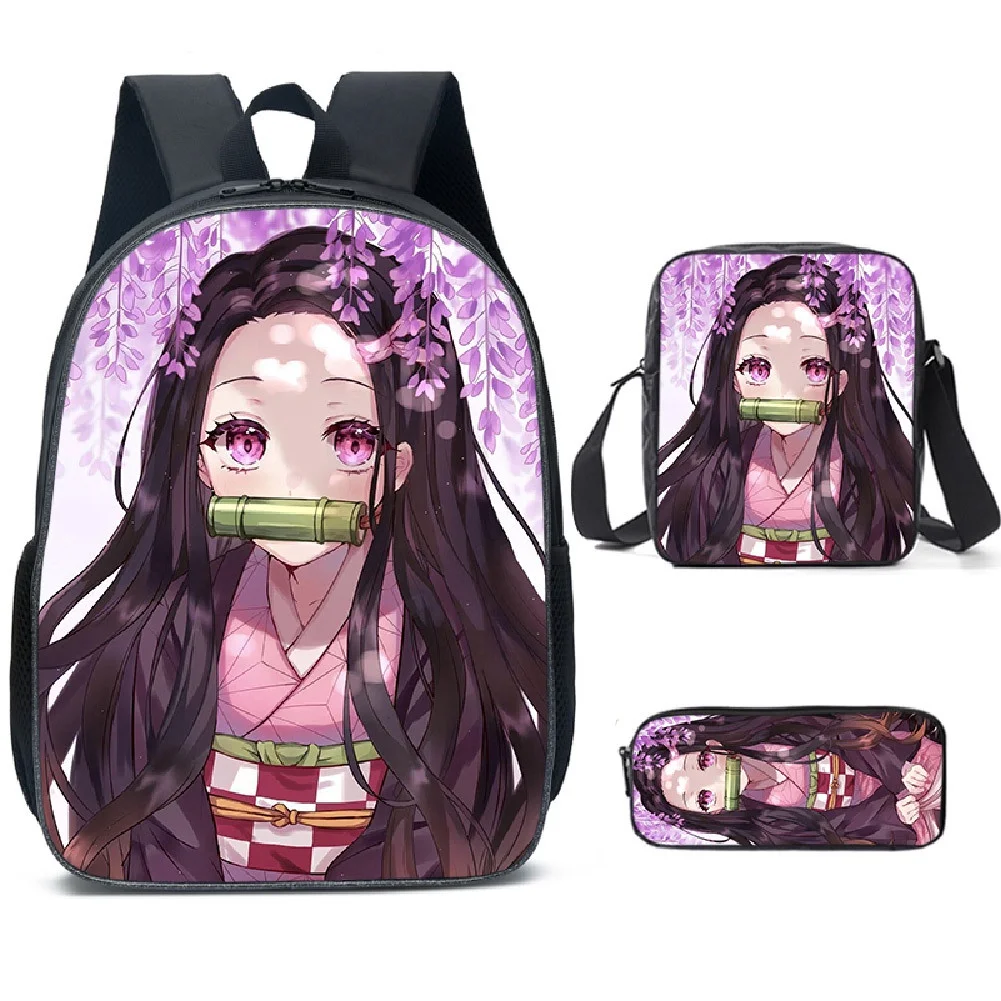 3 Piece Demon Slayer Nezuko Children New Anime Backpacks Girls Princess Student School Pen Bags Kids Shoulder Bag Drop Shipping